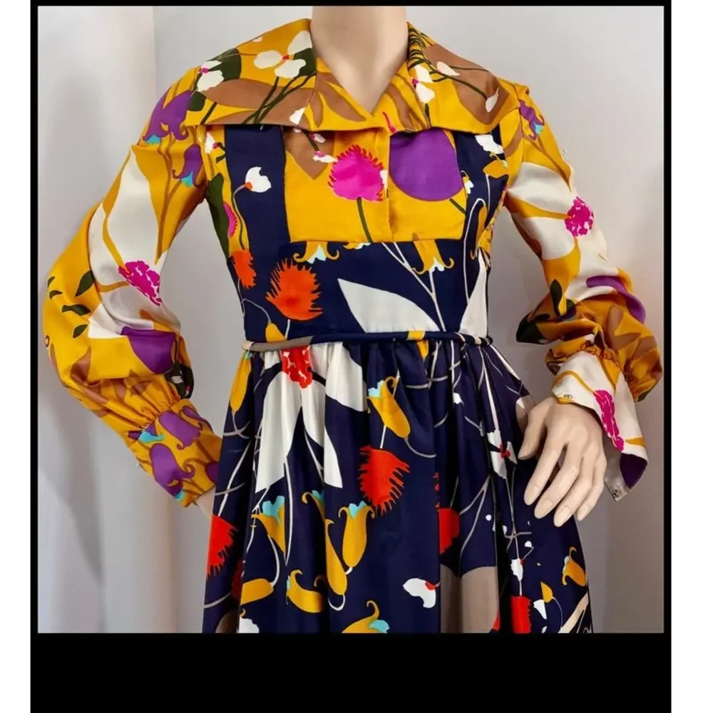 Vintage 60s Flower Power Multi-Color Rayon Long Sleeve Dress S festival - Picture 5 of 9
